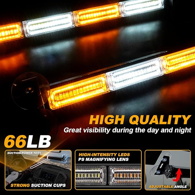 2 in 1 Emergency Strobe Traffic Advisor Light Bar Amber White Warning Hazard Safety Interior Windshield Dash Lights Emergency Lights for Trucks Construction 2x17.7, Amber/White