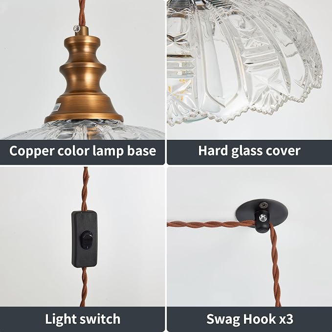 Plug in Pendant Light Industrial Pendant Lighting with Plug in Cord 9.8ft Hanging Lamps Clear Glass Shade ‎Bronze Light Fixture for Living Room Kitchen Dining Room Bedroom