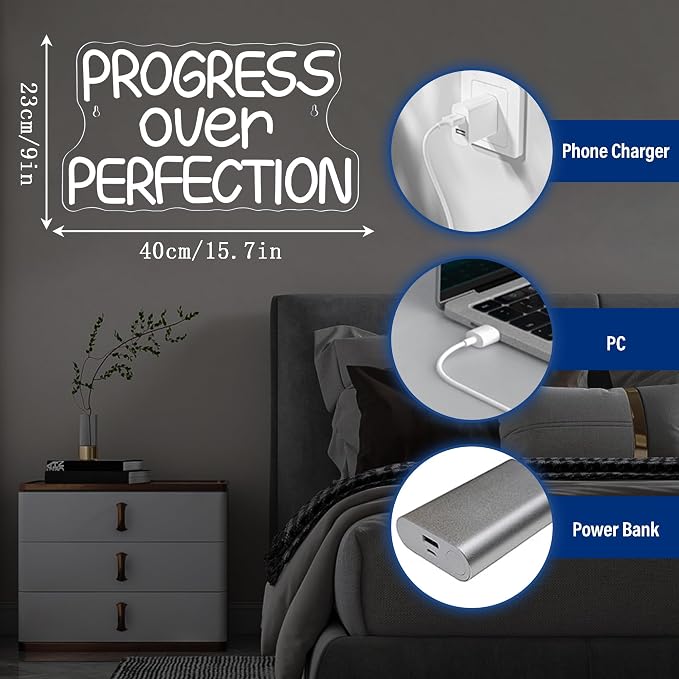 Progress Over Perfection Neon Sign, LED Dimmable Inspirational Classroom Positive Neon Sign, USB Powered for Motivational Classroom Decor Positive Affirmation Mental Office(15.7 * 9 in)