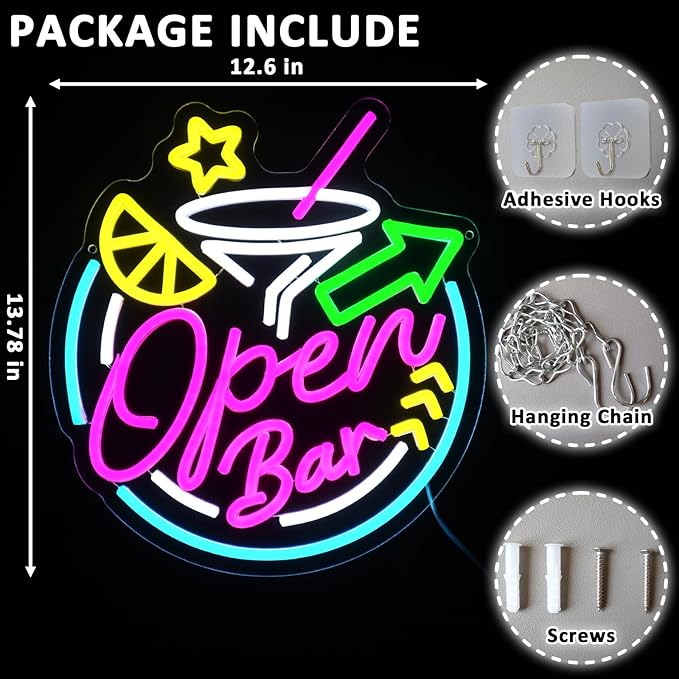 Open Bar Neon Sign for Wall Decor Dimmable 13.78" x 12.6" Led Open Sign for Cocktails Bar Neon Light for Business Home Pub Man Cave Beer Party Cocktail Club Shop Decoration