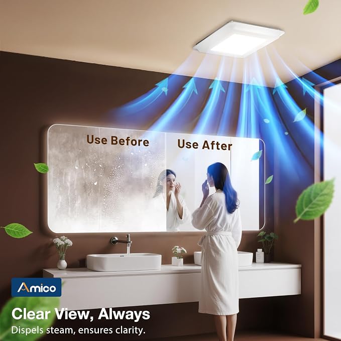 Amico Bathroom Exhaust Fan with Light, 110CFM, 1.0 Sones, 1000 LM, 5CCT | Easy Install, Ceiling Opening 9.4'' x 9.4'', Ceiling Mount Shower Bathroom Fan, Household Ventilation Fan, ETL & FCC