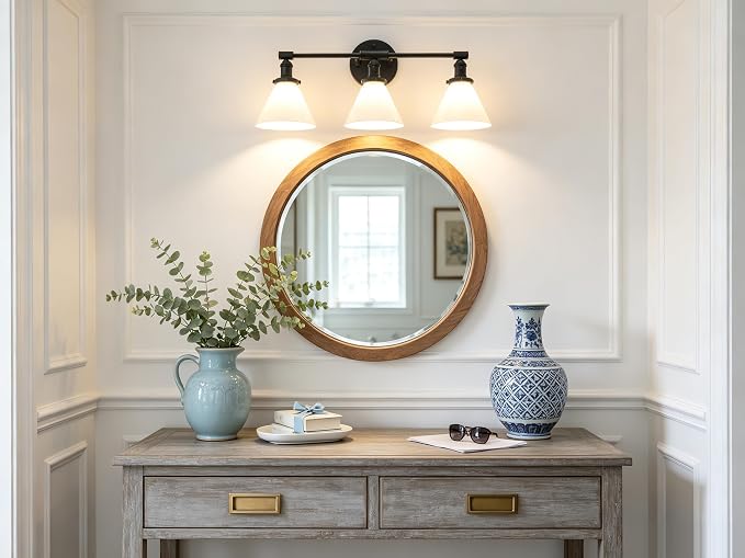 Vintage Industrial 3-Light Bathroom Vanity Light with Milk Glass lampshade – Antique Brass Wall Sconce for Over Mirror, E26 Socket, Hardwired Installation
