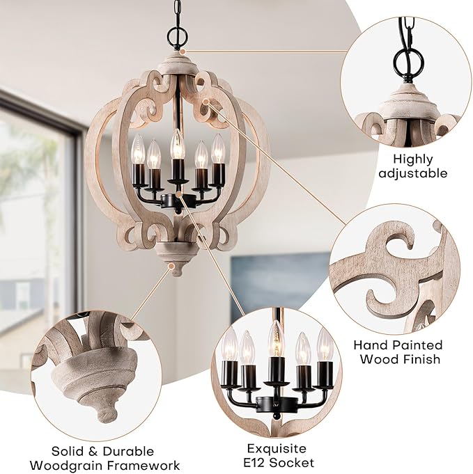 5-Light White Farmhouse Wood Chandelier, Rustic Dining Room Light Fixture with Adjustable Chain, Easy Assembly for Kitchen Island, Bedroom, Entryway, Living Room
