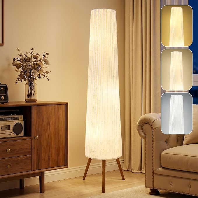 60 Inch Oatmeal Wood Floor Lamp, Color Temperature Adjustable Softlighting Corner Lamp, 3 Bulbs Standing Lamp, Creative Ambient Light for Living Room Bedroom&Office-Bulbs Included