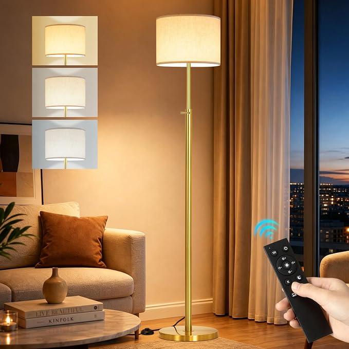 Floor Lamp Height Adjustable with Remote for Living Room and Bedroom Gold | 55"- 67" Height Adjustable Gold Standing Lamp with Dimmable 12W LED Bulb - Tall Stand Light with Shade for Corner Lighting