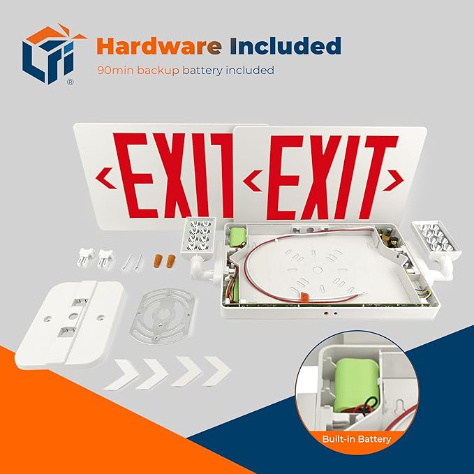 LFI Lights® Thin COMBO UL 924 Listed, Red LED, Exit Sign with Emergency Lights, White, 120-277VAC Hardwired with Battery Backup, Optional Double Face and Knock Out Arrows COMBOTRWBB