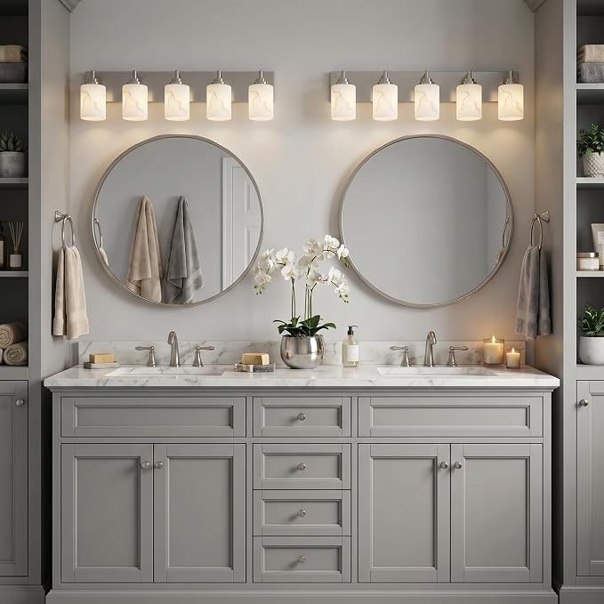 5-Light Bathroom Light Fixture, Brushed Nickel Modern Vanity Light with White Marble Glass Shade, for Bathroom Mirror, Living Room, Bedroom, Hallway, E26 Base, Extended Base