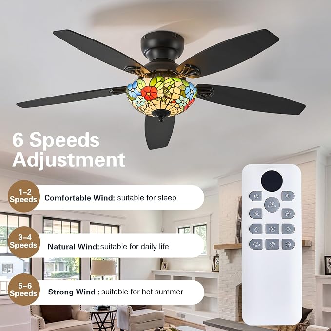 Tiffany Ceiling Fans with Lights-52"Ceiling Fan Chandelier and Glass Shade | 52" Ceiling Fan Chandelier with 5 Dual-Blades and Glass Shade, 6 Speeds and Reversible, Indoor and Outdoor, Retro Style