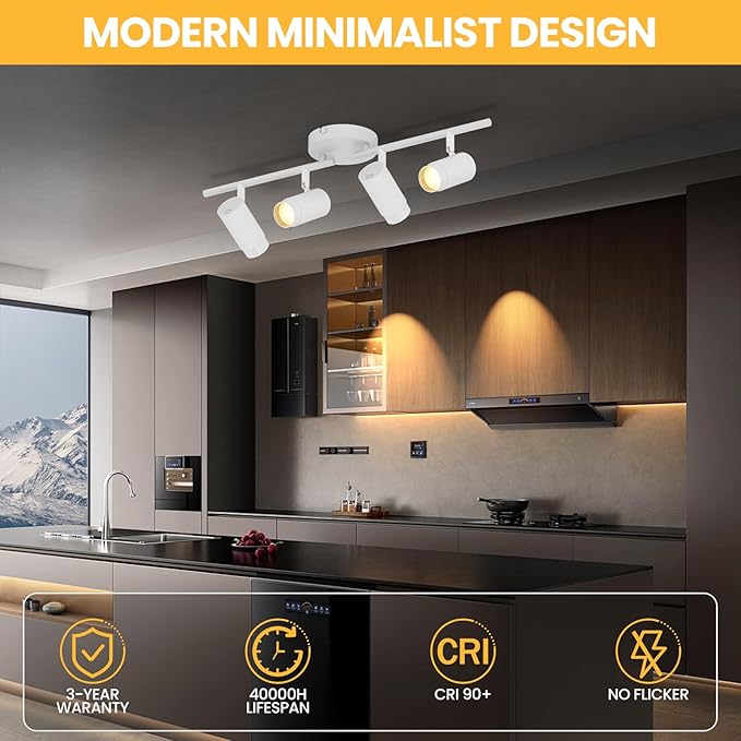 5-Color Zoomable 4 Light Track Lighting Fixtures Ceiling for Kitchen, Dimmable LED Track Lighting Kit, Ceiling Spotlight Flush Mount Adjustable Directional Spot Lights Indoor, CRI90 30W, White