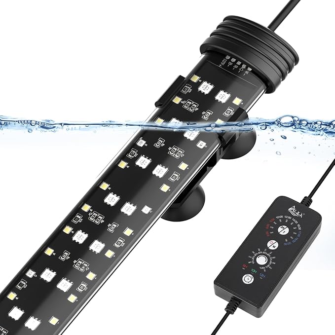 AQQA 19.09 Inch Submersible Aquarium Light, 24/7 Mode Fish Tank Light | 7 Adjustable Angles, 9 Color Options, 4 Rows Beads, Dimmable & Timer Control, IP68 Waterproof Full Spectrum Plant Light