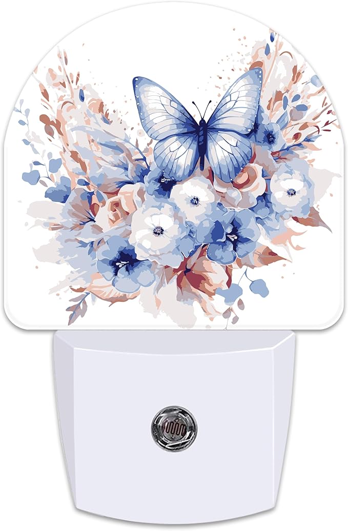 Watercolor Butterfly and Flowers Night Light for Kids,Elegant Blue Floral Plug in Night Light with Dusk to Dawn Sensor, 0.5w Energy Saving Nightlight for Hallway Stairway Kitchen Bedroom