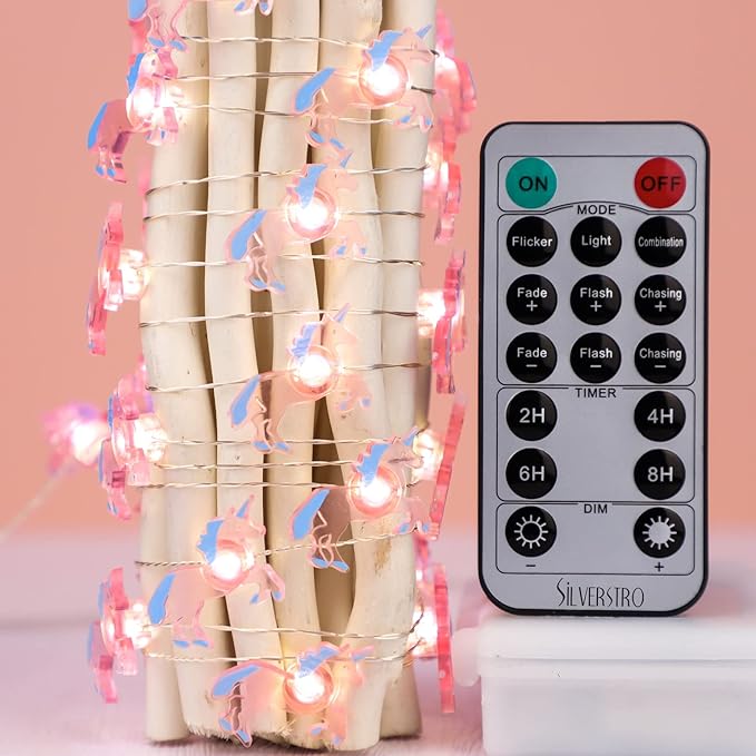 Silverstro Unicorn LED Lights for Bedroom Remote 30LEDs USB & Battery Operated Cartoon Pink String Lights - Home Summer Thanksgiving Holiday Decor