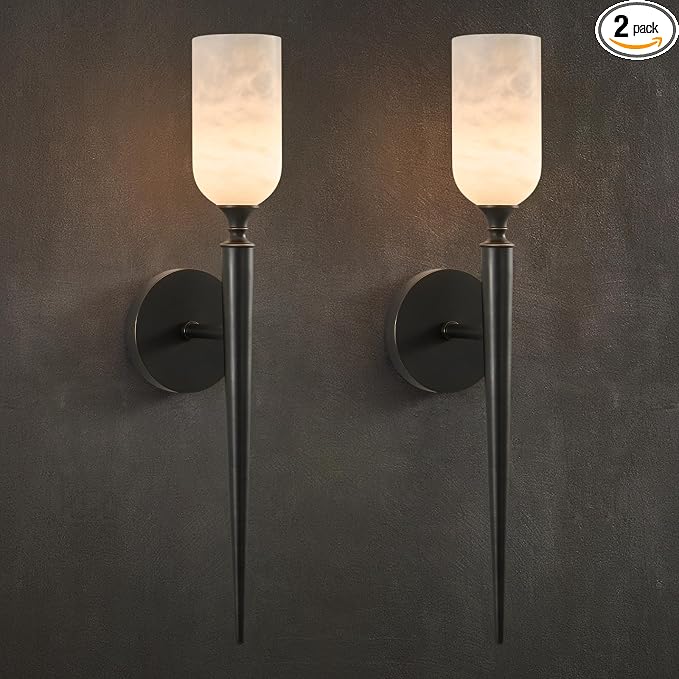 21.6" Alabaster Sconces Set of 2, Antique Oil Rubbed Bronze Brass | Natural Spanish Alabaster, Handcrafted Solid Brass, Refined Material Pairing, Unique Marble Veining, Refined Vintage Style