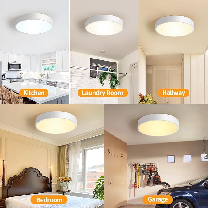 Flush Mount Ceiling Light Fixtures White LED Dimmable 5CCT 12In 24W 3Pack | 2700K, 3000K, 3500K, 4000K, 5000K, Iron Construction, IP40, For Bathroom, Bedroom, Kitchen, Entryway, Closet & Hallway, ETL