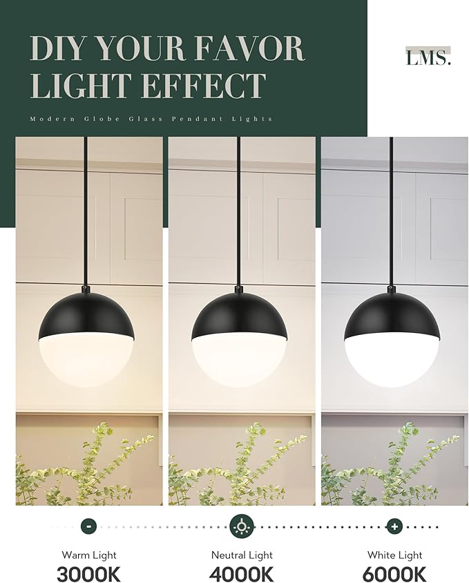 Mid Century Pendant Lights, Matte Black Kitchen Island Light Fixtures with White Globe Glass Shade, Adjustable Hanging Cord, 3 Pack for Home Office Dining Room Bathroom, LMS-186PL-BKWS3PK