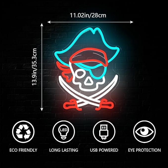 Pirate Neon Sign PirateLED Signs for Bedroom Kids Room Skull Neon Lights for Wall Decor Perfect Pirate Party Favors Retro Nautical Neon Wall Sign Light Up Sign Gift for Pirate Themed Party
