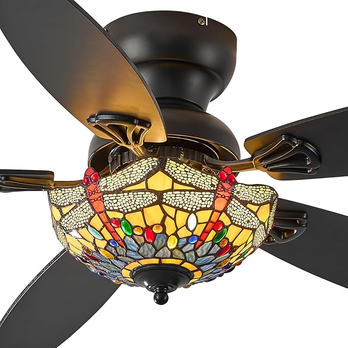 Tiffany Ceiling Fans with Lights-48"Ceiling Fan Chandelier and Glass Shade | 48" Ceiling Fan Chandelier with 5 Dual-Blades and Glass Shade, 6 Speeds and Reversible, Indoor and Outdoor, Retro Style