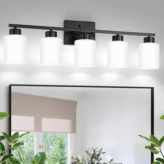 Black Bathroom Light Fixtures Vanity Lighting Over Mirror | 5-Light Modern Wall Sconces with Milky White Frosted Glass Shades for Restroom (E26 Socket)