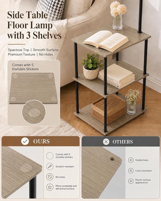 GERGO Floor Lamp with Table, Side Table for Living Room, 3 CCT 9W LED Bulb | Adjustable Linen Shade & Pull Chain, Modern Coffee End Table, Night Stand with Storage Shelves for Bedroom, Office Home Décor