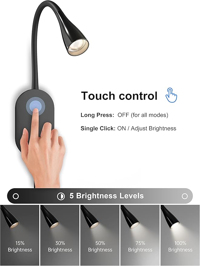 deeloop LED Wall Mount Reading Light for Bed, Reading Lamp with USB Output 5 Brightness Levels Touch Control Book Lights, 4000K Bedside Lamp Flexible Head Rotation, 2 Easy Install Options