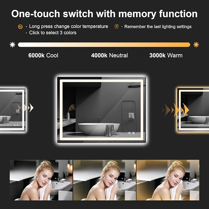 LED Bathroom Mirror with Lights, 30 x 40 Lighted Vanity Wall Mirror | Backlit and Frontlit, Anti-Fog, Dimmable 3 Colors, Shatter-Proof Tempered Glass, Memory Function, Plug-in/Hardwired