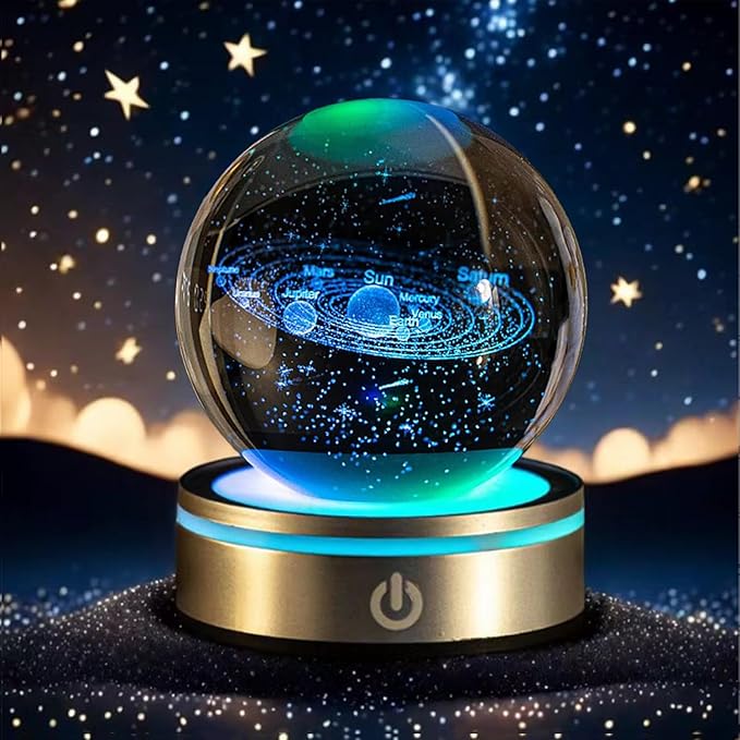 Solar System 3D Crystal Ball with LED Stand, 80mm Galaxy Model Decor Glass Sphere Lamp Night Light, Space Universe Astronomy Gifts for Women Men Mom Kids