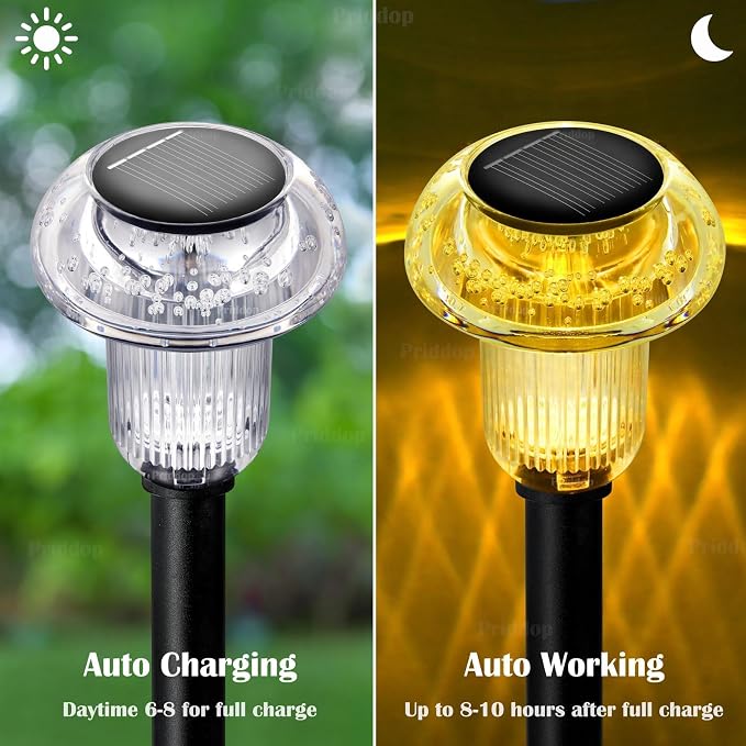 Priddop 8 Pack Solar Garden Lights Outdoor Waterproof 3000K Warm White LED | Auto On/Off Mushroom Stake Lights for Yard Patio Lawn Driveway Walkway Pathway Decor, Acrylic/ABS Landscape Path Lights