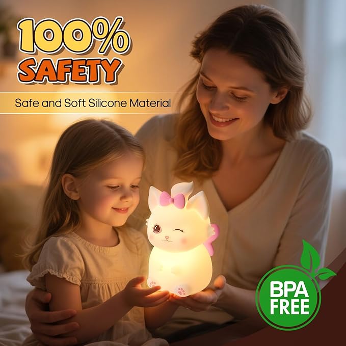 Cute Cat Night Light for Kids, 7 Color Changing & Dimmable, Super Squishy Silicone USB Rechargeable Lamp, Portable Nursery Light & Kawaii Gift for Baby, Boys, Girls & Adults, for Bedroom Decor