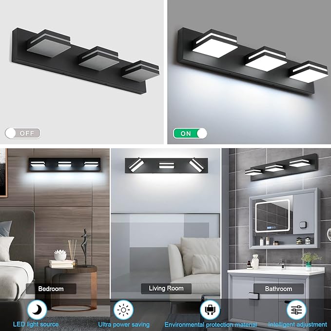 SineRise LED Modern Bathroom Vanity Light Fixtures (3-Light, 24-Inch, Dimmable), Matte Black Modern Acrylic Bathroom Wall Lighting Fixtures Over Mirror (Cool White 6000K)