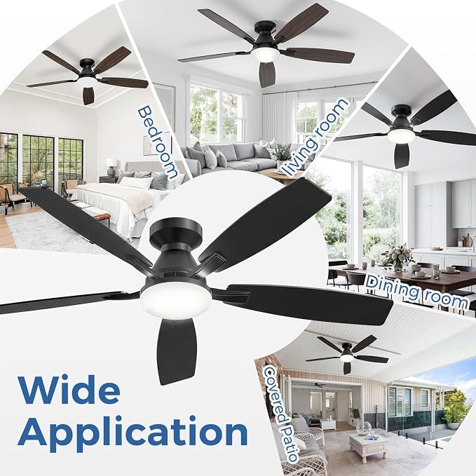52 Inch Ceiling Fans with Lights, App & Remote Control, Quiet Reversible DC Motor, 6 Speeds, Dimmable 3CCT LED Light, Low Profile Flush Mount Ceiling Fan for Bedroom Living Room, Black