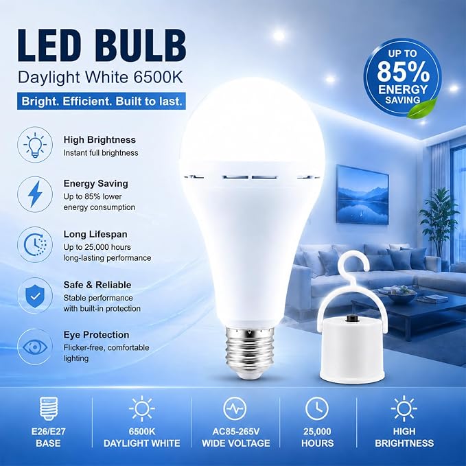 4Pack Rechargeable Emergency Light Bulbs, E26 LED Bulb 3 Mode Adjustable Brightness, Power Outage Light Bulb, Blackout Emergency Lighting for Home, Storm, Camping, Hurricane Preparedness