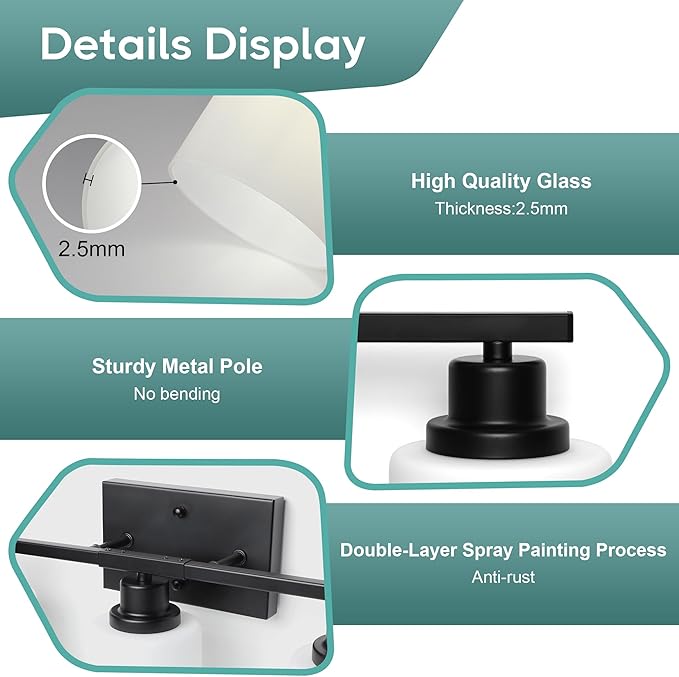 Ascher Bathroom Light Fixtures, 5-Light Vanity Light Over Mirror, Matte Black Wall Sconces with Milky White Frosted Glass Shades, Wall Lamp for Living Room Bedroom, E26 Base(Bulbs Not Included)