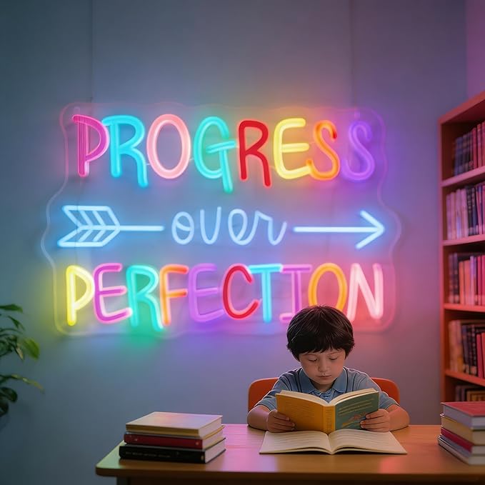 Progress Over Perfection Neon Sign, LED Neon Light Signs for Wall Decor Dimmable Inspirational LED Light Up Sign for Classroom Office Bedroom Library Study Room Kids Room Decorations