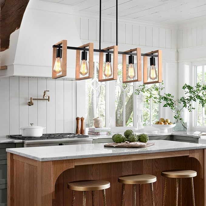 Kitchen Island Lighting Hanging for Farmhouse Linear Chandeliers,Modern Chandelier Over Table, Matte Black Rustic Wood Ceiling Pendant Light,Dining Room Hanging Light Rustic Wood