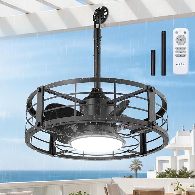 addlon 20" Outdoor Ceiling Fan with Light for Patio, IP65 Plug in Caged Fan | Waterproof, Hanging Hook, Reversible DC Motor, 6 Speeds, Remote Control, Quiet Operation, Timer, for Gazebo, Patio, Porch