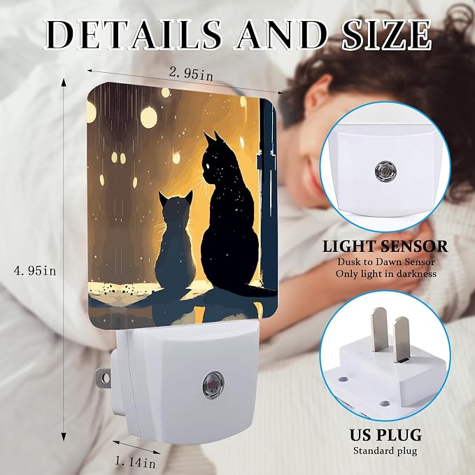 Cat Silhouette Night Light, Plug-into Wall Two Black Cat Nightlight Lamp with Dusk to Dawn Sensor, Led Lamp 0.5W Energy Efficient for Boys Girls Adults Home Decor