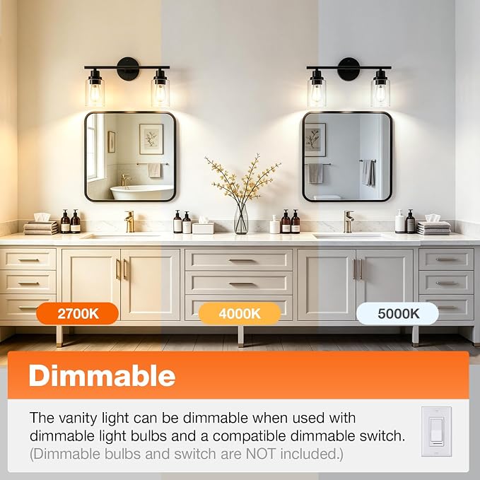 LEDVANCE Sylvania Modern Bathroom Light Fixture with 2 Clear Glass Shades, Iron with Black Finish, E26 Medium Base, Vanity Lights for Bathrooms, Foyers, Entryways - 1 Pack (67971)