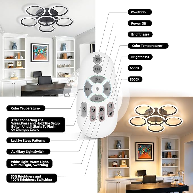 LED Ceiling Light, 6-Ring Modern Flush Mount Fixture, 77W Dimmable 3000K–6500K, Black Ceiling Light with Remote for Living Room Bedroom Kitchen (28.9")