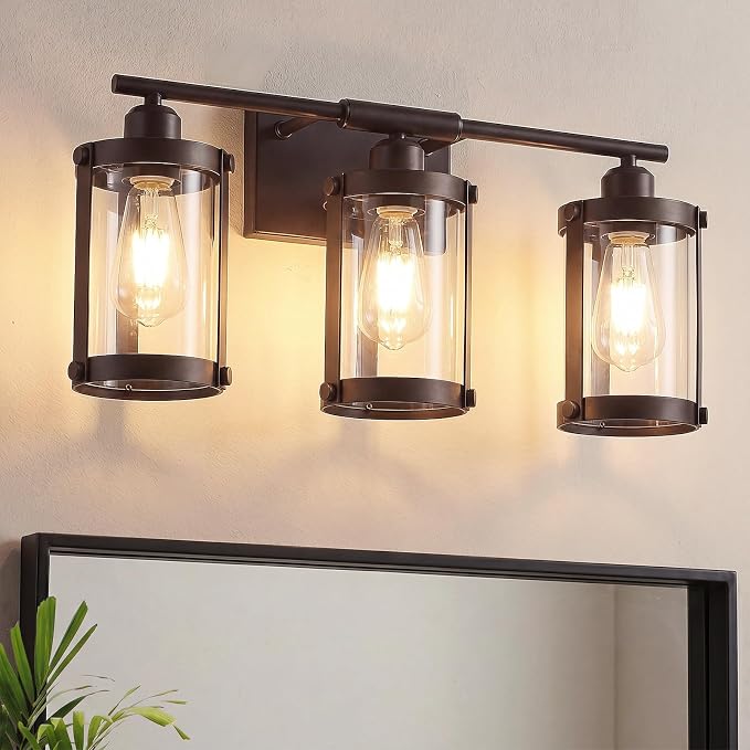 3-Light Oil Rubbed Bronze Bathroom Light Fixtures Over Mirror with Clear Glass and Metal Cage Shade, 21" UL-Listed Modern Farmhouse Wall Sconce for Bath, Hardwire E26, OS-3014ORB-3W
