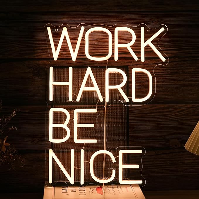 Work Hard Be Nice Neon Sign for Wall Decor Warm White Neon Light Powered by USB Dimmable LED Letters Neon Light Sign for Office Study Room Classroom Bedroom Meeting Room Neon Decor
