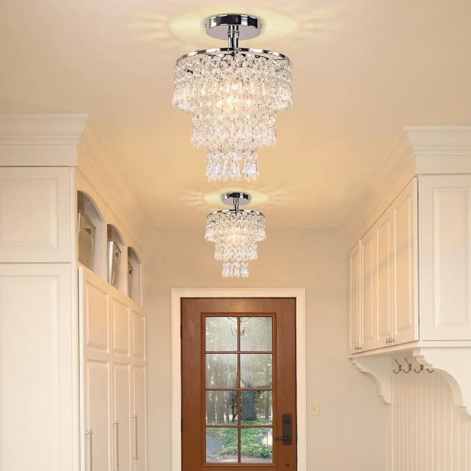 FRIXCHUR Small Crystal Chandelier Led Crystal Ceiling Lights 3 Tiers Crystal Raindrops Chandelier Pendant Lighting Fixture Decoration for Bedroom Hallway Living Room,Chrome,E26