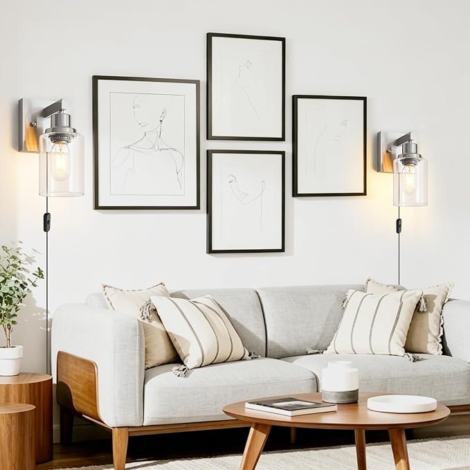 Plug in Wall Sconces Set of 2, Modern Corded Wall Sconce, Bedroom Wall Sconces with Clear Glass, Wall Decor Set of 2 Brushed Nickel Wall Lamps for Bedroom Living Room