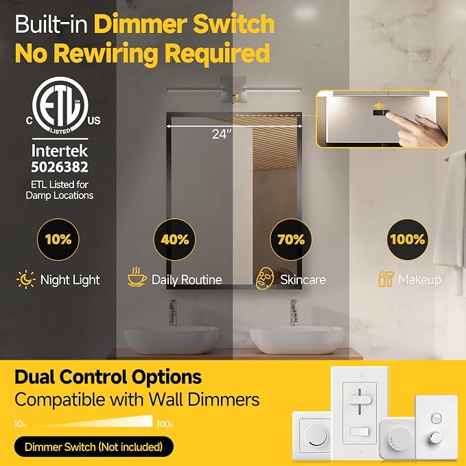 24 Inch Brushed Nickel Bathroom Vanity Light, Built-in Dimmer 2700K-6000K 1100LM LED, 360° Rotatable Bathroom Lights Over Mirror for Makeup, Shaving, Restroom, Powder Room ETL FCC