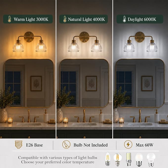 4-Light Gold Brass Bathroom Light Fixture with Clear Tulip Glass Shade,Wall Sconces,Vintage Vanlity Light Over Mirror,Bathroom Wall Light,E26 Socket(Bulbs Not Included) ASIN B0FVG