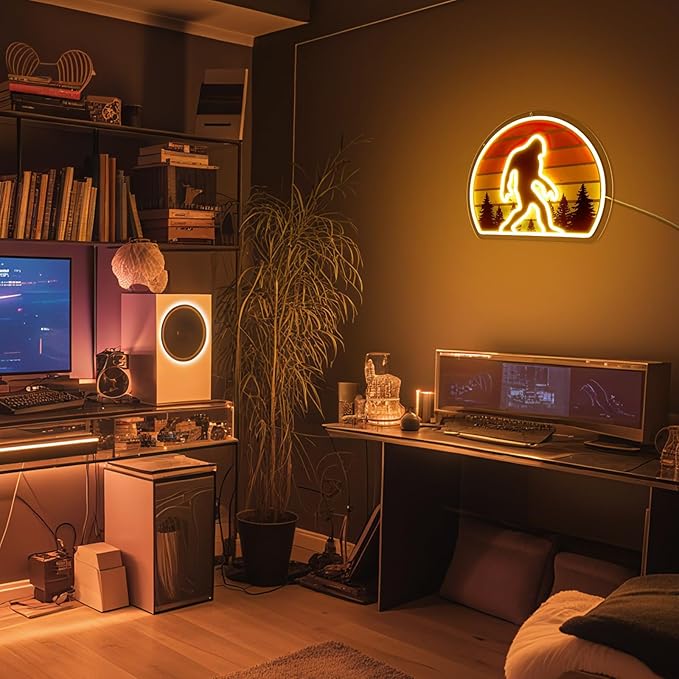 Sasquatch Neon Sign Bigfoot Neon Light for Wall Decor, Retro Sunset Sasquatch Forest LED Light up Sign for Man Bedroom Decor Birthday Holiday Big Foot Gifts, 15.35 x 12.2 Inch