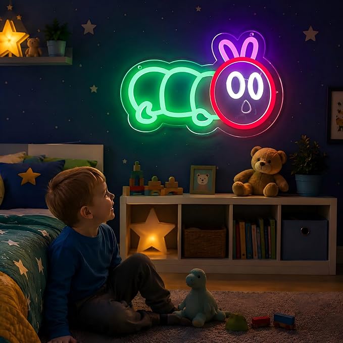 Cute Caterpillar Neon Sign for Wall Decor, Colorful LED Light Up Sign for Kids Bedroom, Baby Nursery, Playroom, Pink Green Red Neon Light, USB Powered Acrylic Sign, Gift for Boys & Girls