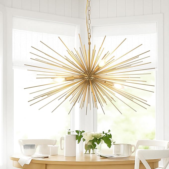 31in Modern Gold Sputnik Chandelier 4-Light Mid-Century Starburst Chandelier Light Fixture Over Table Large Satellite Chandeliers for Dining Room Foyer Entryway Kitchen Bedroom Living Room E12