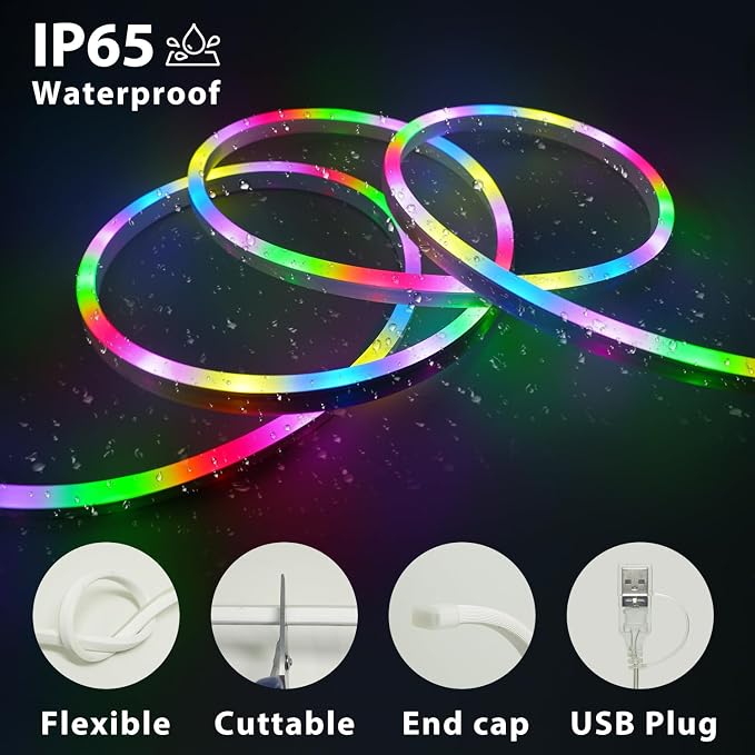 OMIKA 10FT Neon Rope Light Battery Operated, RGB &Warm White Cuttable Lights with USB, Outdoor LED Strip Lights Waterproof for Wall Bedroom Outside Indoor Christmas Décor