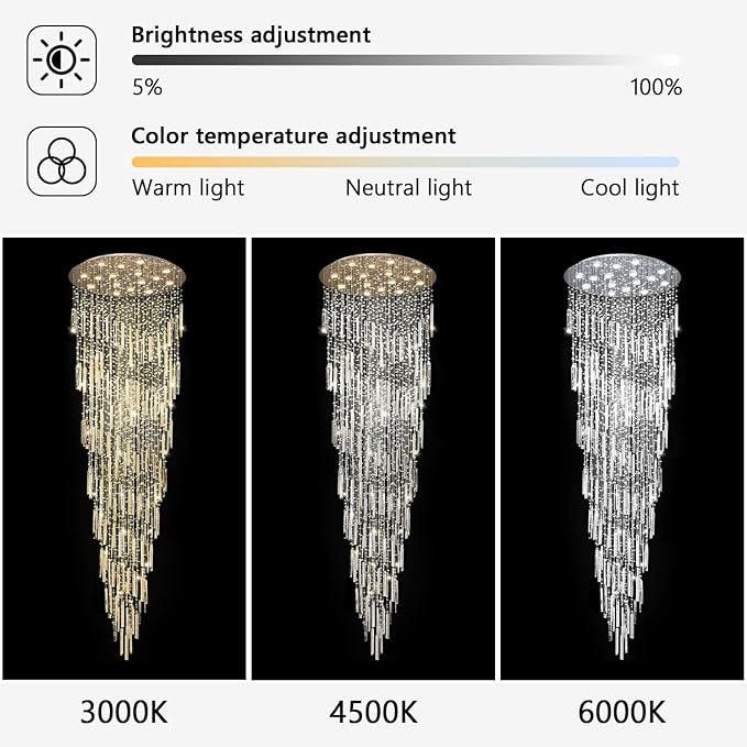 D40'' x H120'' Crystal Chandelier High Ceiling Chandeliers for Entryway Large Raindrop Chandeliers LED Dimmable Flush Mount Light Fixtures for Staircaes Foyer Hallway Living Room Bulbs Included Silver