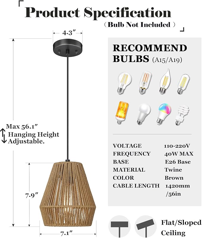ELYONA 3 Pack Japandi Woven Pendant Lights 7” Modern Boho Hanging Lamp with Handwoven Rattan Shade, Adjustable Farmhouse Coastal Pendant Light Fixtures for Kitchen Island,Dining Room,Bar, Hallway